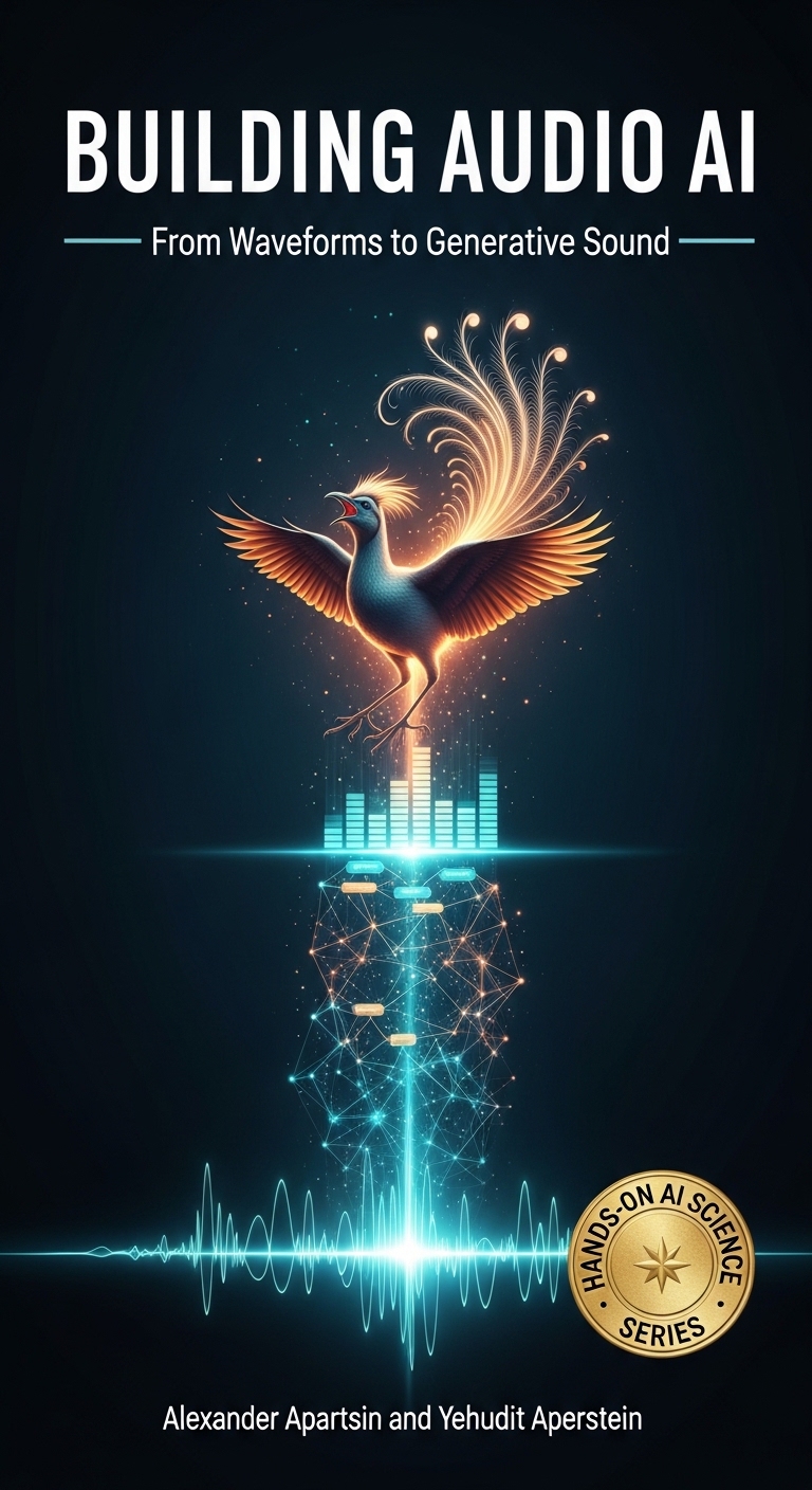 Book cover: a glowing audio waveform rising through a wireframe network and equalizer bars into a luminous songbird in mid-flight, with the title Building Audio AI, From Waveforms to Generative Sound